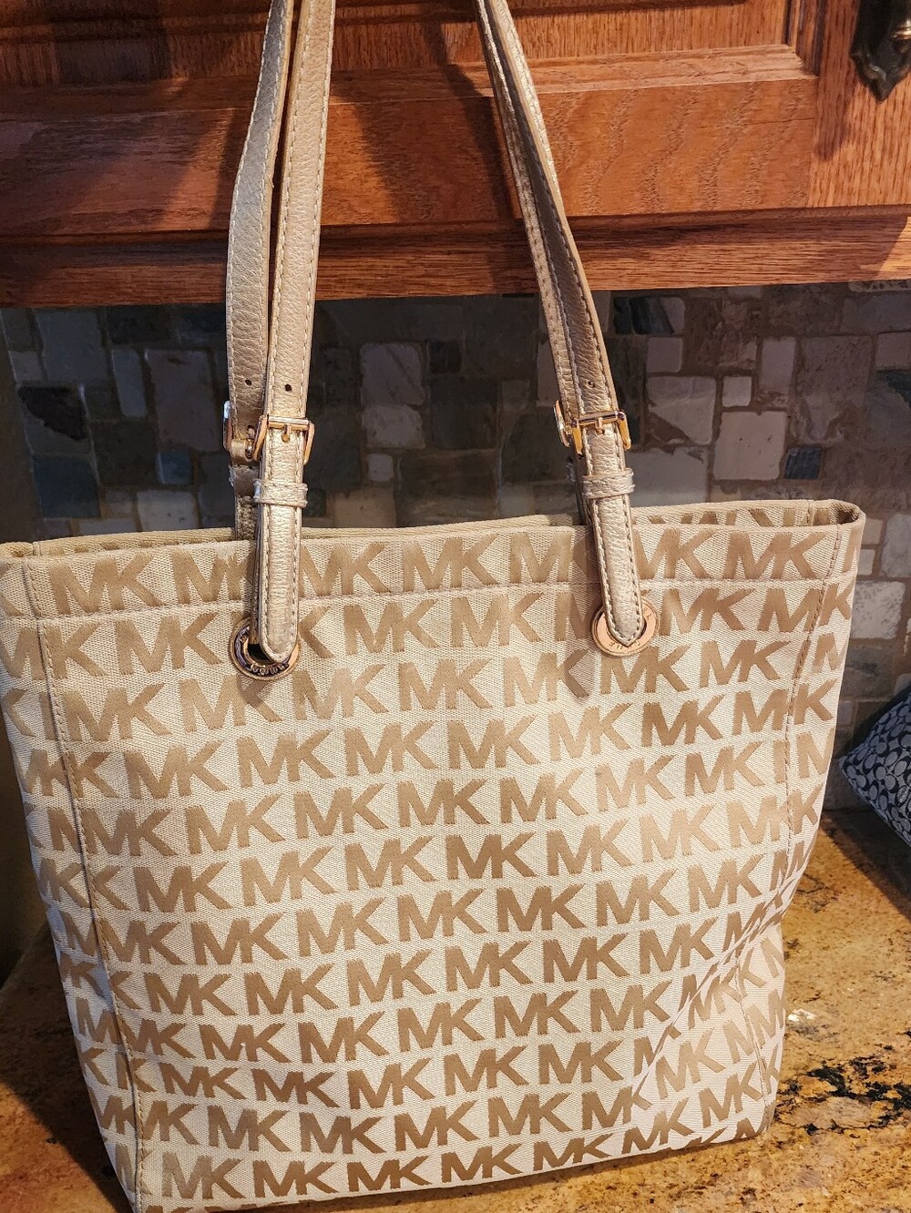 Michael Kors Tan and Cream MK Logo Canvas Tote